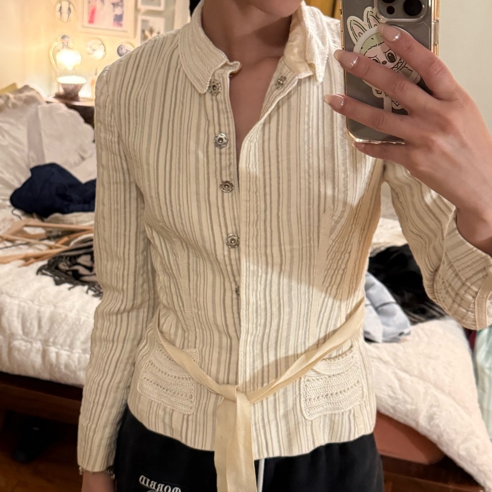 Vertigo Cream Striped Button-Up Lightweight Blazer